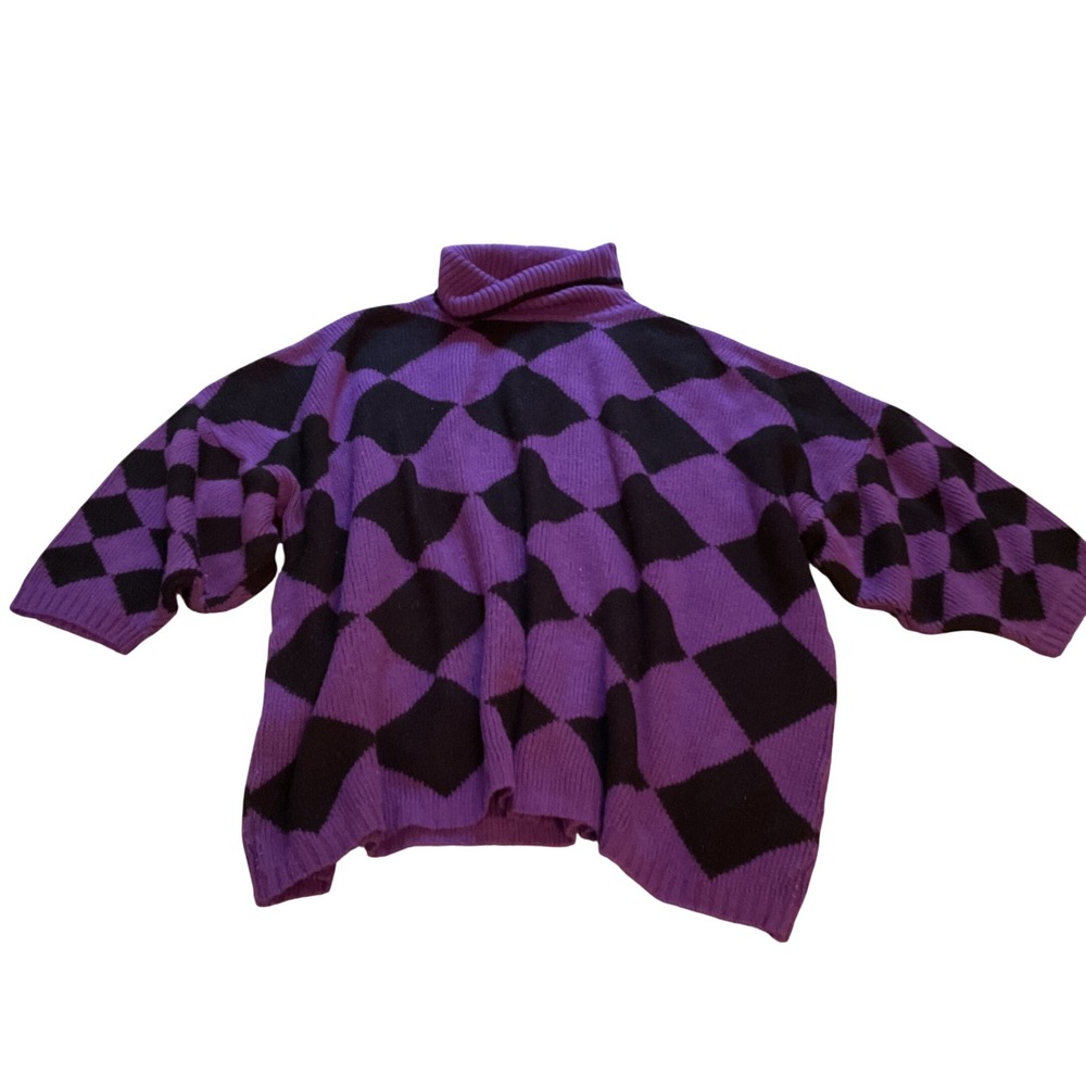 Stefano World Wide Vintage Purple Black Harlequin Diamond Turtleneck Sweater OS